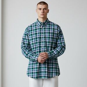 Jos A Bank Navy and Green Plaid Traveler’s Collection Button Down Shirt - Large